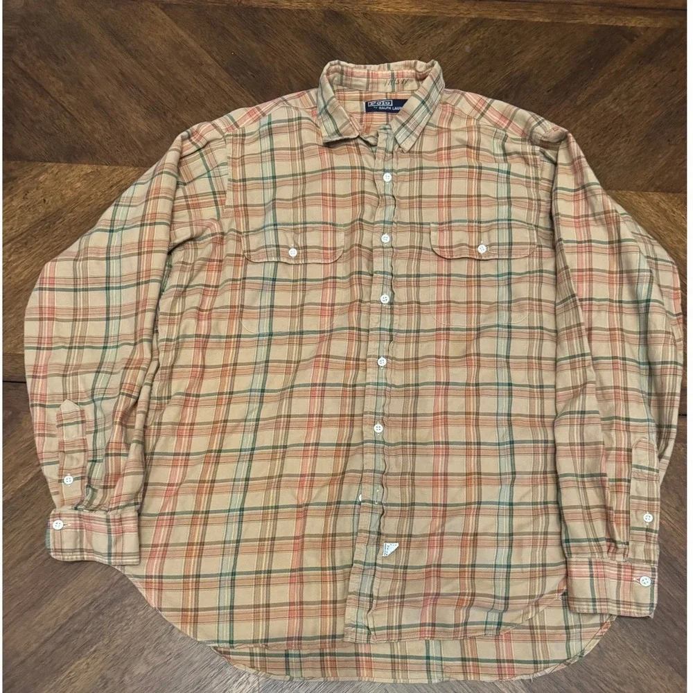 Polo Ralph Lauren Mens Plaid Button Down Shirt Tan Orange‎ Green Large 16.5 L/S